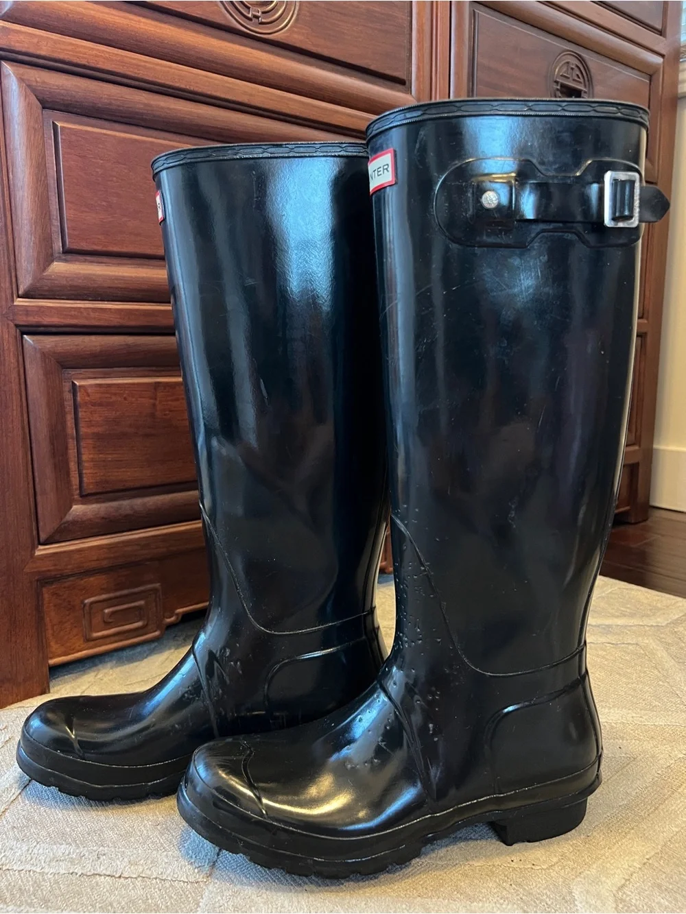 Hunter Glossy Black Tall Rain Boots with Buckle